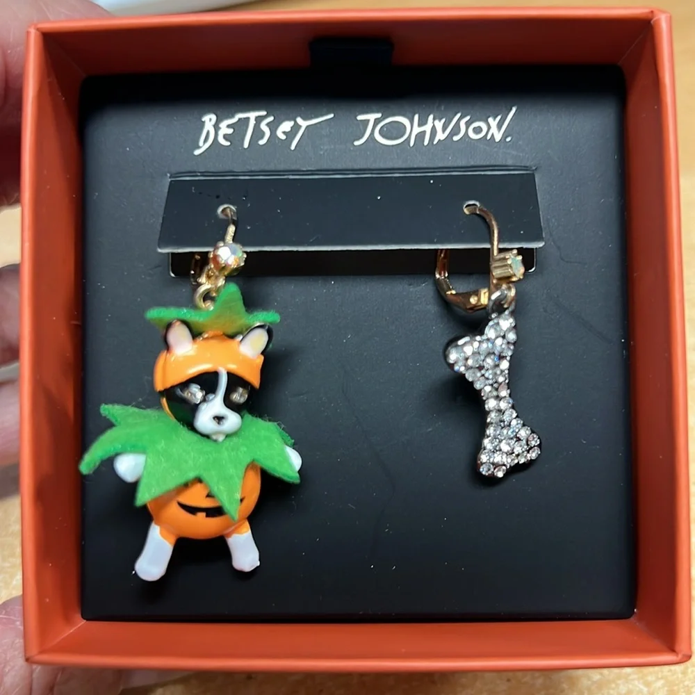 Betsey Johnson French Bulldog & Bone Halloween Mismatch Drop Earrings Crystal